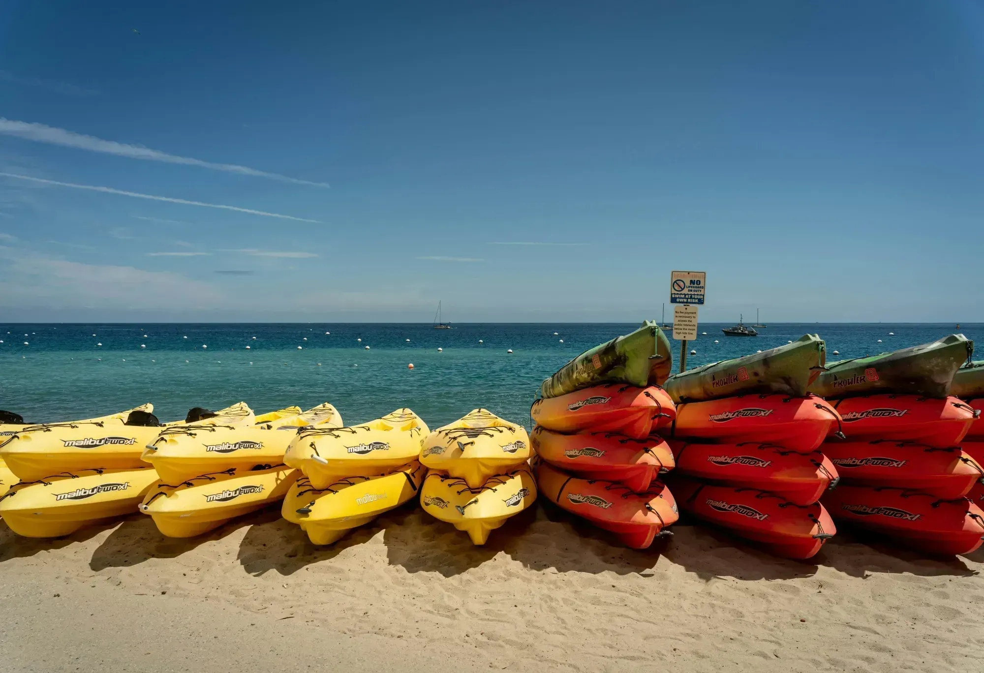 Kayaks lined up on the beach